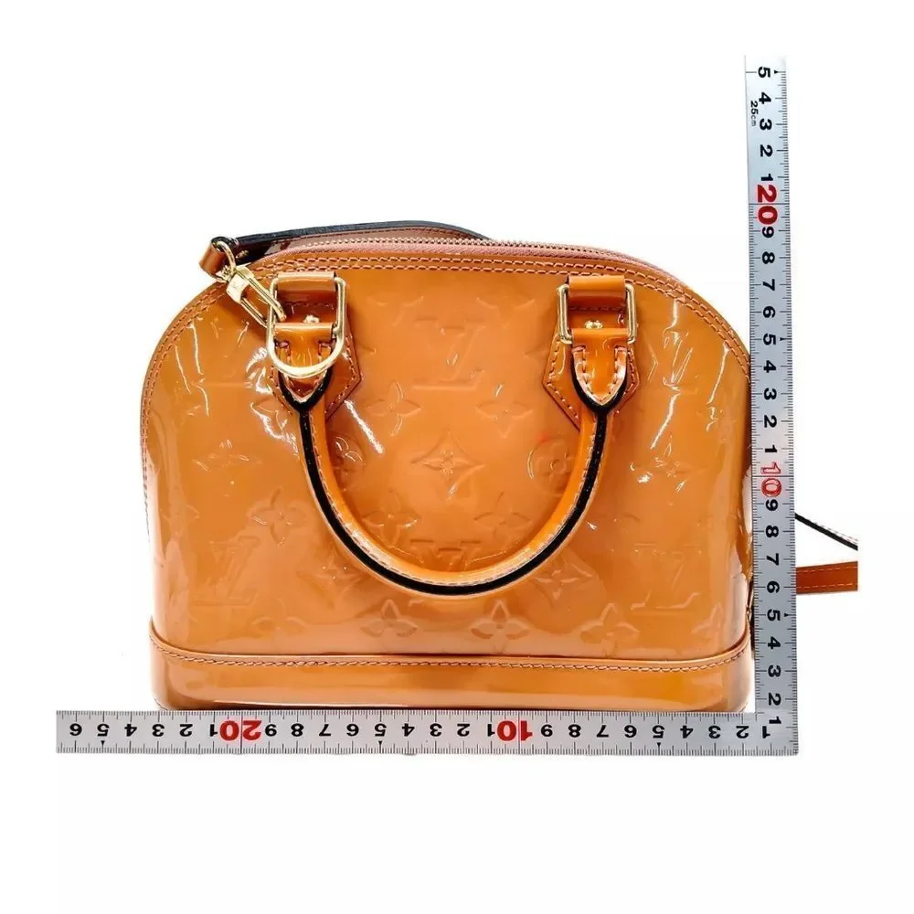 Auth Louis Vuitton Camel Brown Vernis Patent Leather 2way LV Alma BB Satchel